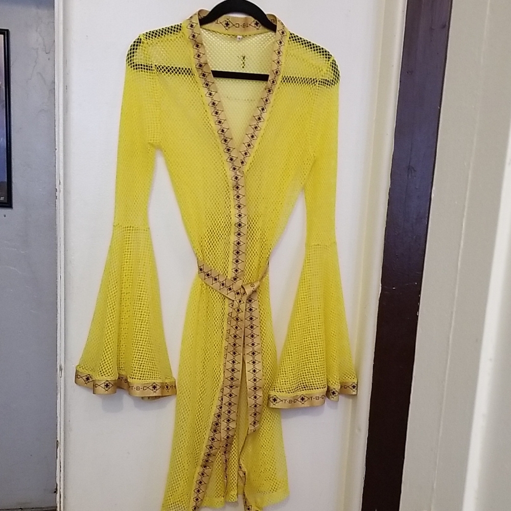 Yellow Mesh Cover-Up with Bell Sleeves